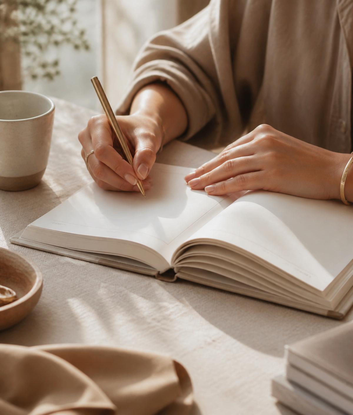 Hands writing goals in an open workbook on a warm linen desk